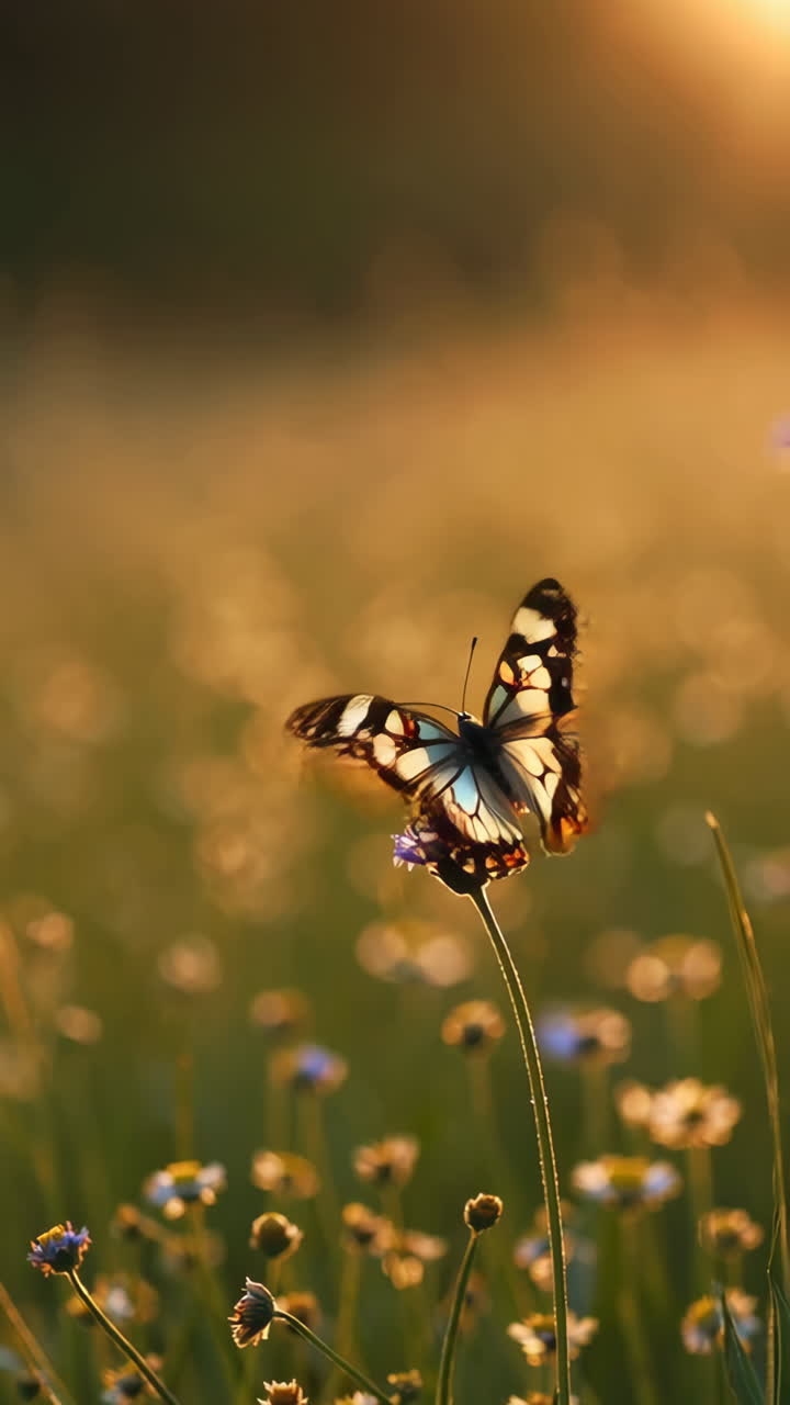 Farfalla su un Fiore all'Alba/Tramonto in un Prato