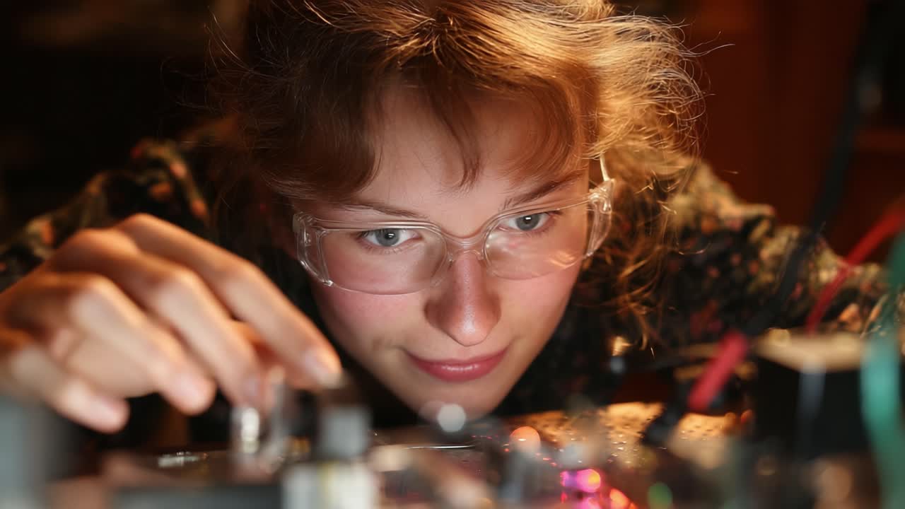 Engaged in Innovation: A Young Female Scientist Analyzing Complex Electronic Equipment with Precision and Care in a Focused Laboratory Environment