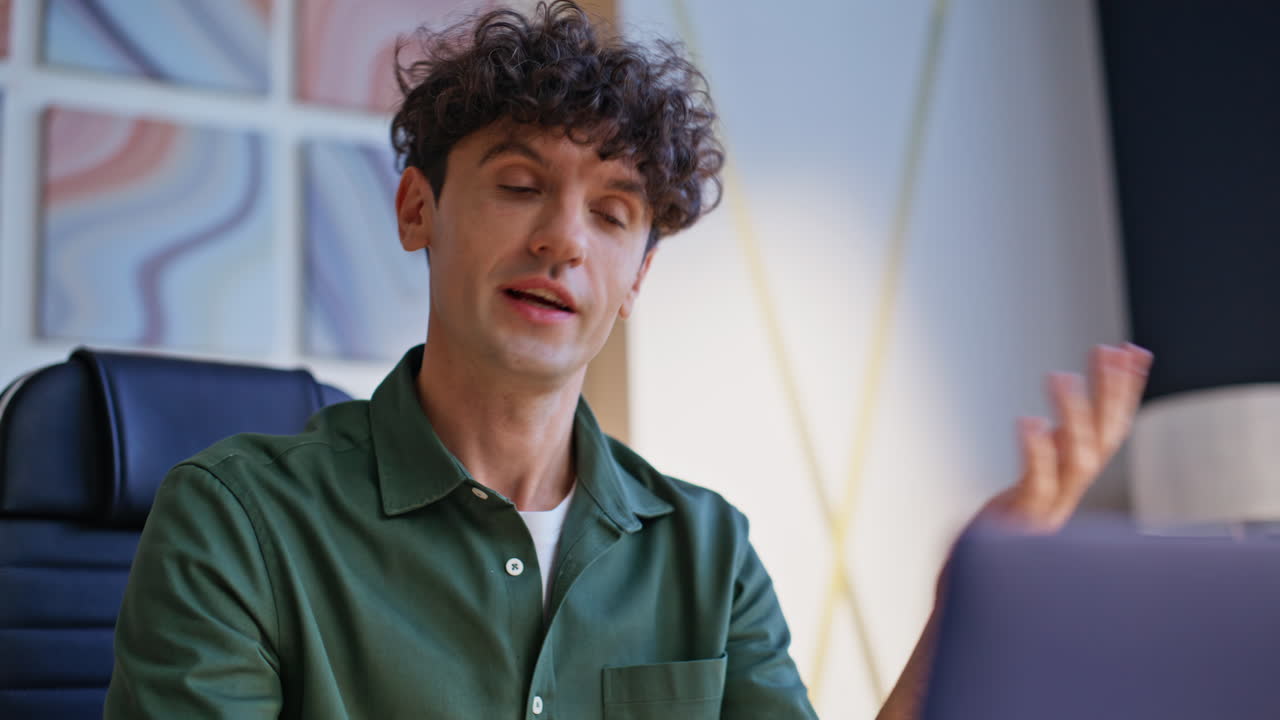 Professional explaining project video call in financial company office closeup