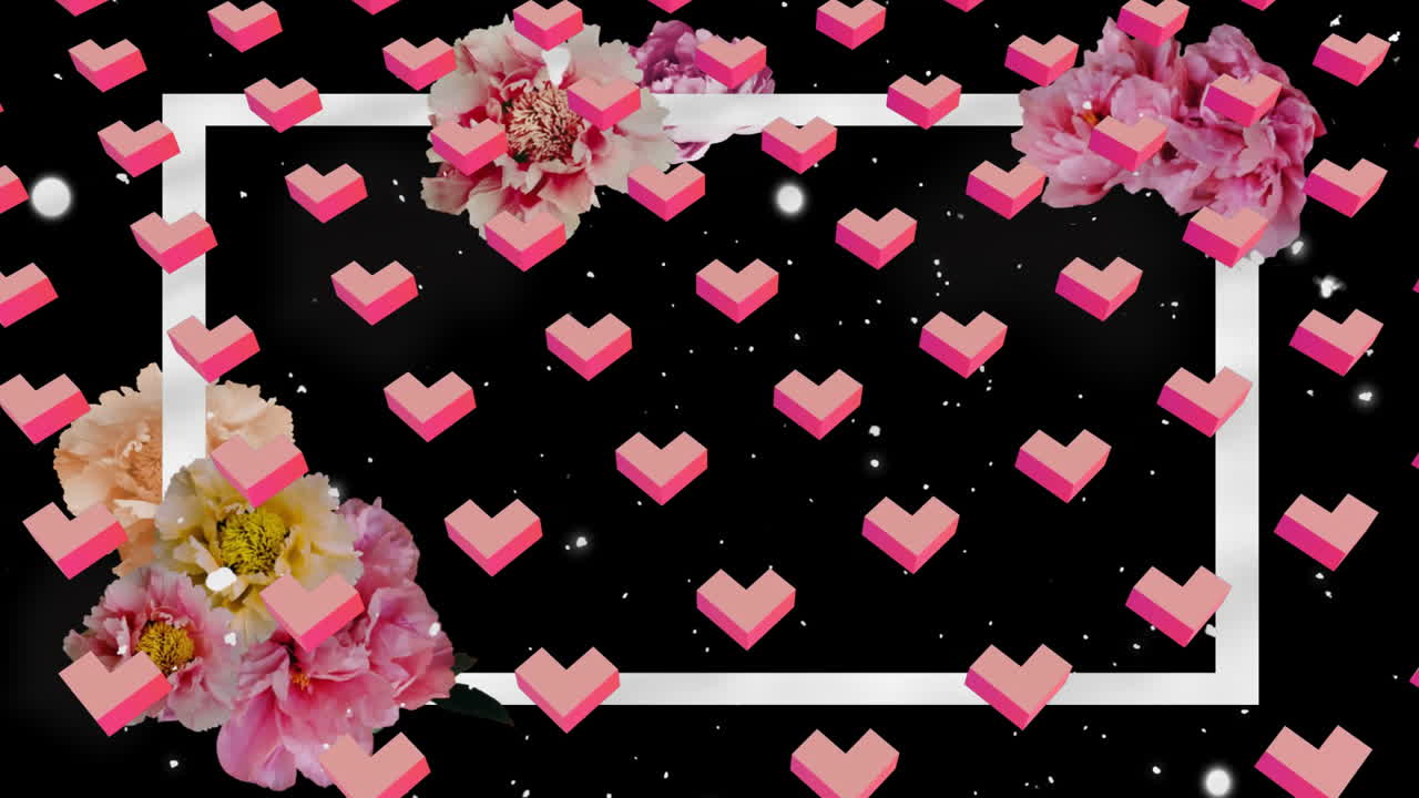 Animation of pink flowers and geometric shapes on starry black background with frame