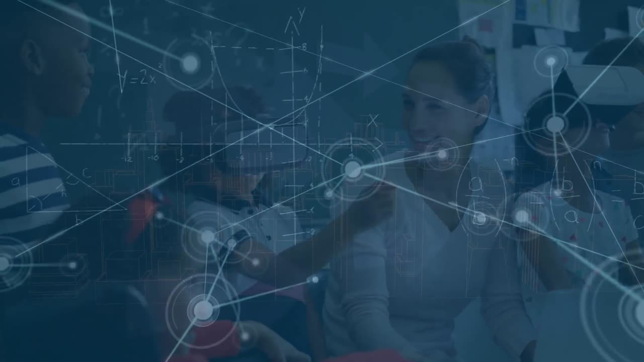 다양한 학교 학생과 교사에 대한 연결 네트워크, 수학적 방정식의 애니메이션