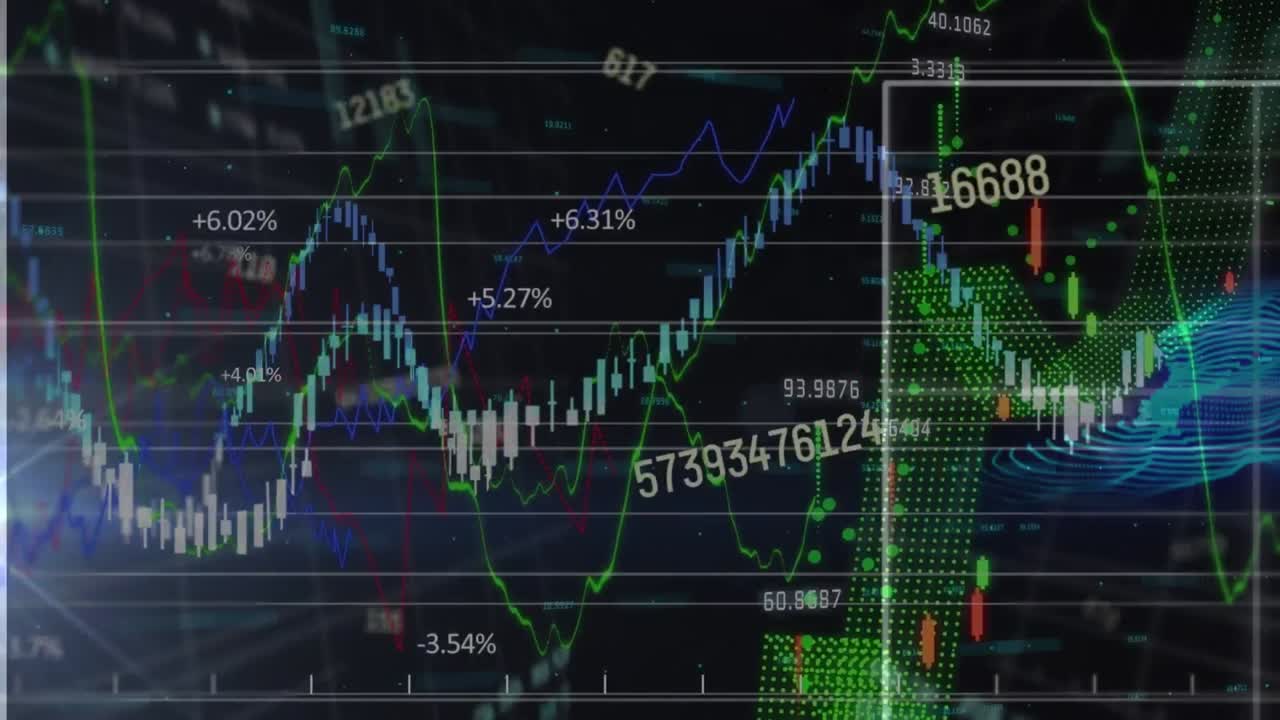 Animation af flere skiftende tal og finansiel databehandling mod sort baggrund