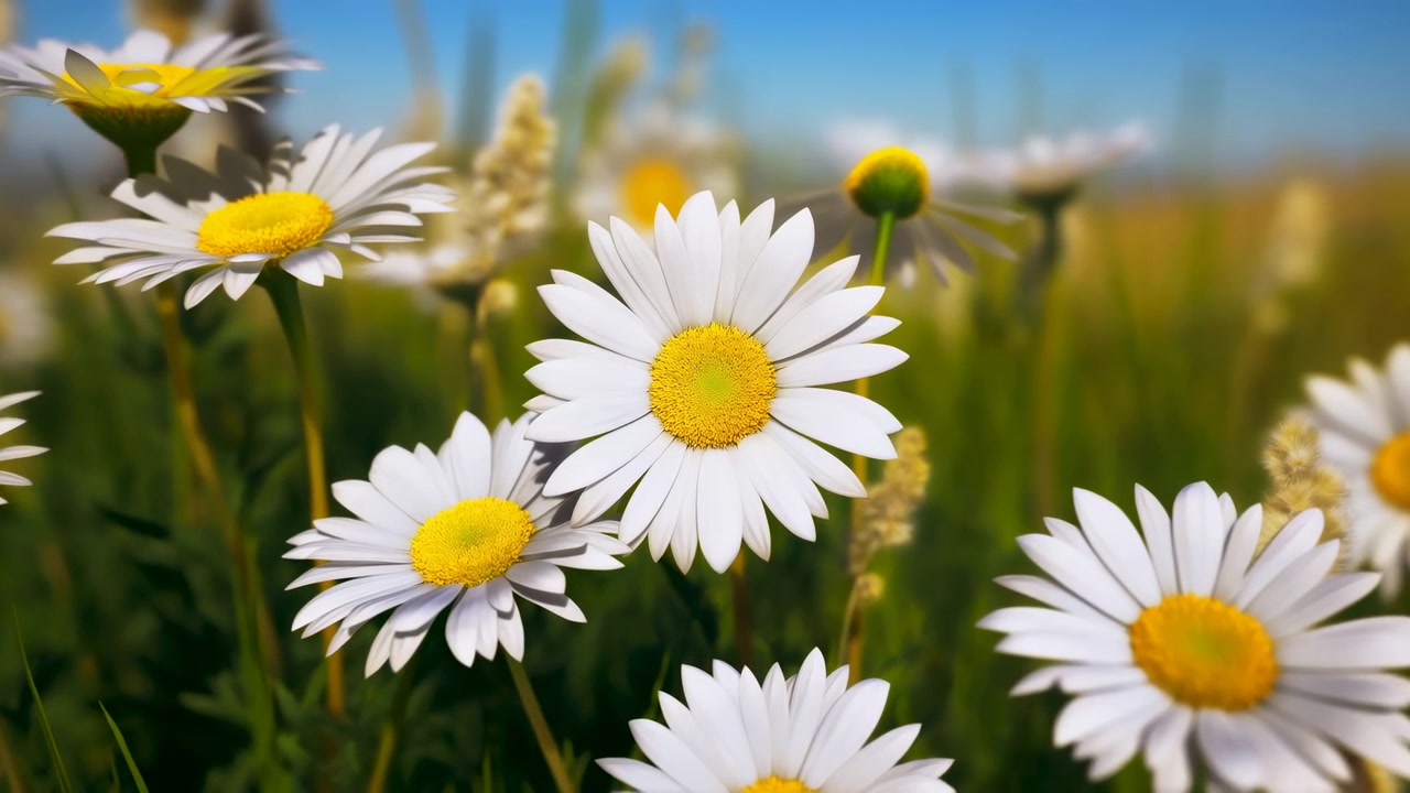 Close view of white daisies with bright yellow centers in sunny meadow, with sharp foreground blooms, soft background blur, green grass, blue sky and warm golden glow, with daisy, flower, meadow