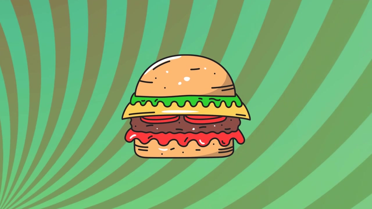 Hamburger animato in stile cartone animato su sfondo verde a raggiera rotante.
