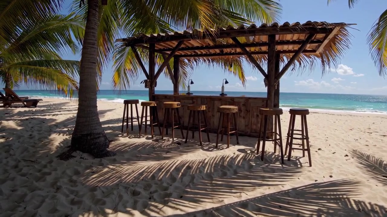 Idilliaco bar sulla spiaggia tropicale su una spiaggia di sabbia bianca e soleggiata