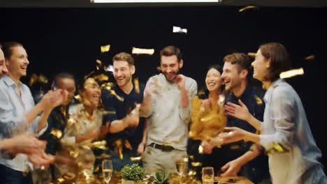 a joyful celebration of togetherness: friends gathering in an exciting party atmosphere with laughter, clapping, and sparkling confetti at a chic table setting
