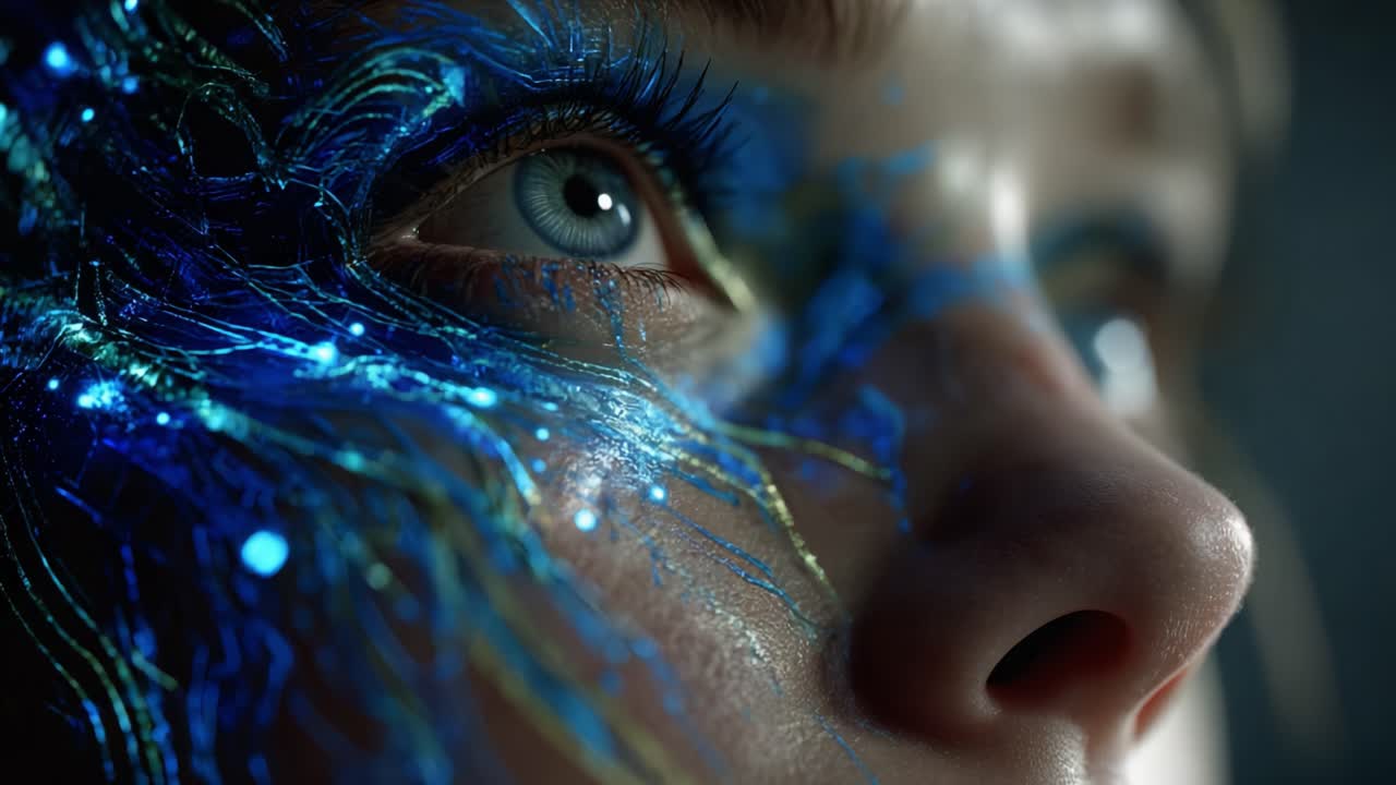A Stunning Close-Up of an Individual with Elaborate Cybernetic Face Paint, Blending Artistry with Technology in a Striking Visual Display