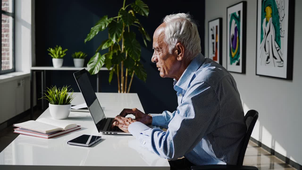 Elderly man working on a laptop in a modern office, side angle