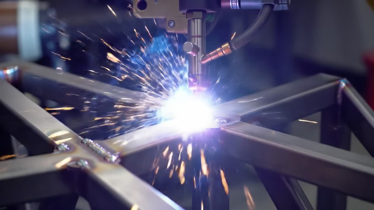 Precision Welding Process Captured in Two Stunning Frames: The Transformation of Metal as Sparks Fly and Joints are Seamlessly Joined in a High-Tech Workshop Setting