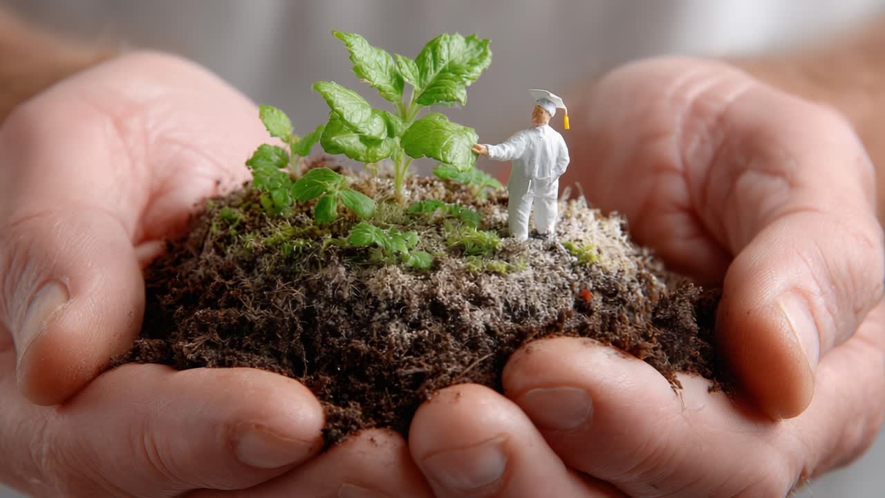 Nurturing Growth: A Miniature Gardener Tends to a Flourishing Plant in Hands, Symbolizing Hope and Care for Nature's Future