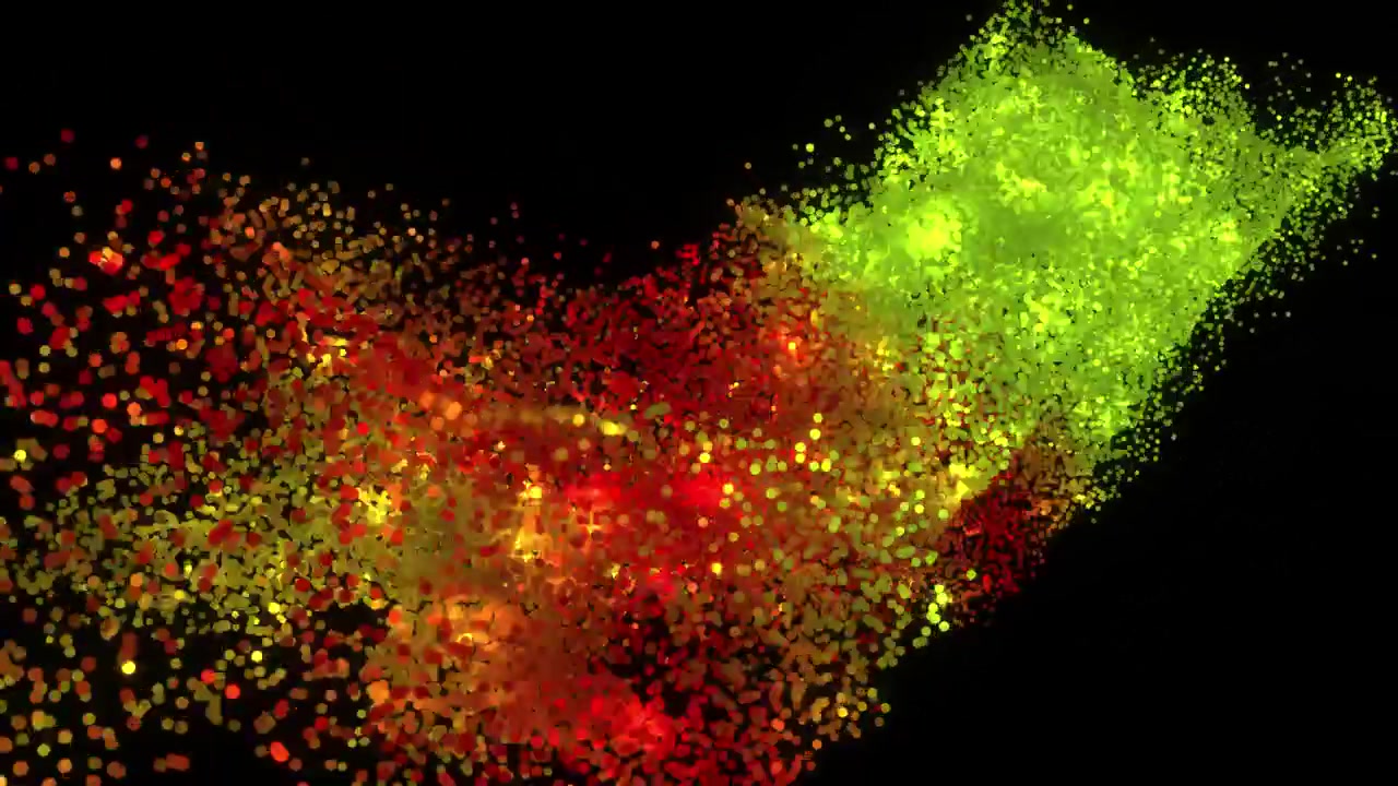 Onda vibrante di particelle colorate luminose su sfondo nero.