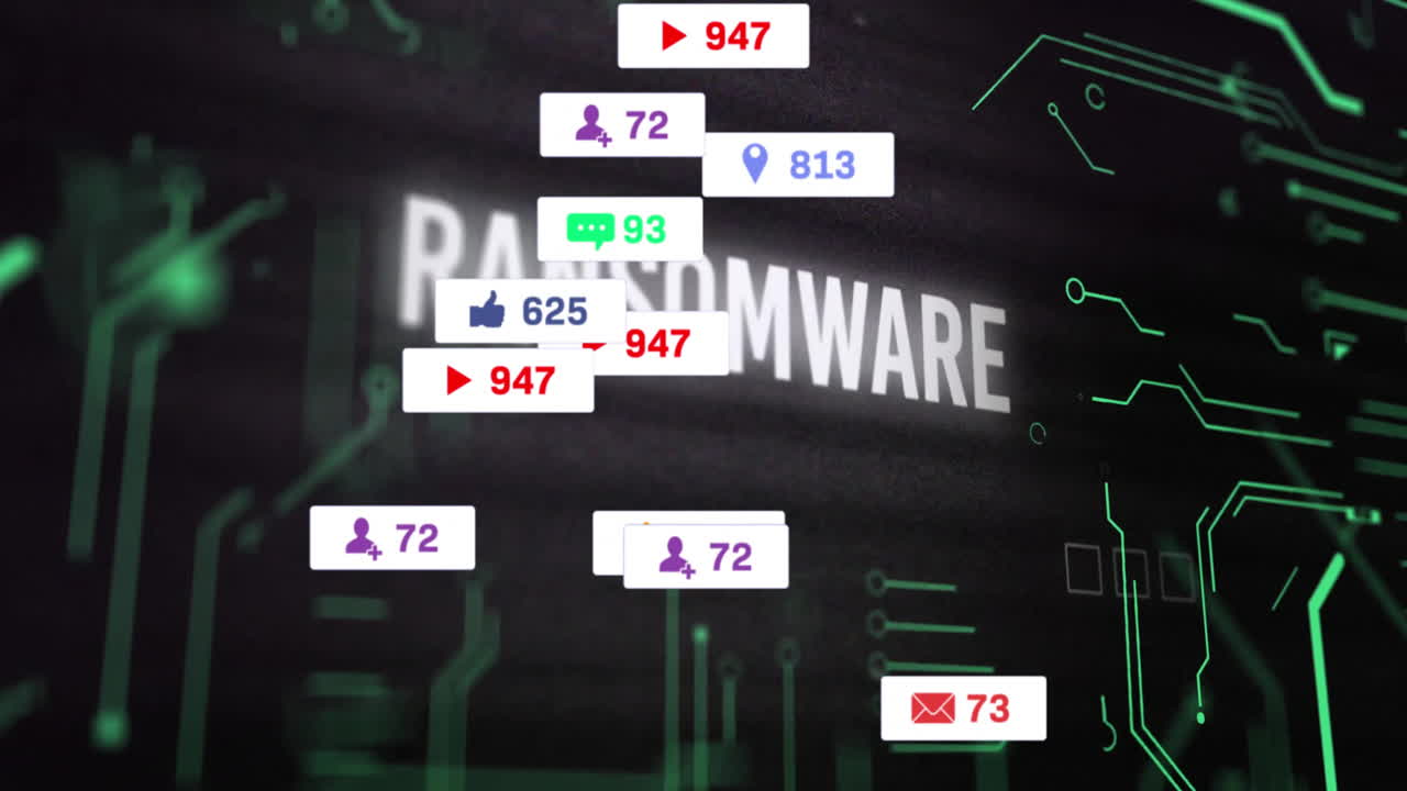 Ransomware animation on screen with social media notifications over dark background