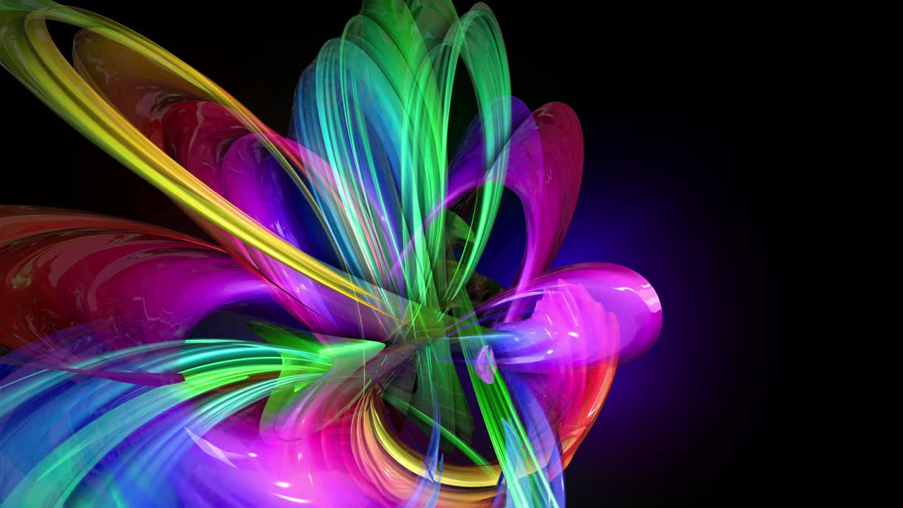 líneas de colores transparentes con un brillo de neón en un fondo negro. gráficos de movimiento fondo en bucle 3d con cintas de arco iris de colores multicolores. hermoso fondo sin costuras en el estilo de diseño de movimiento 46