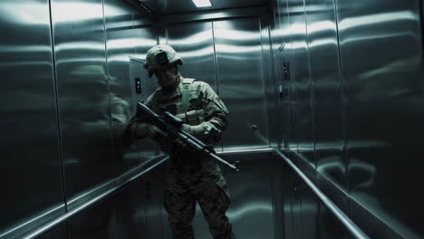 soldier in a metal elevator