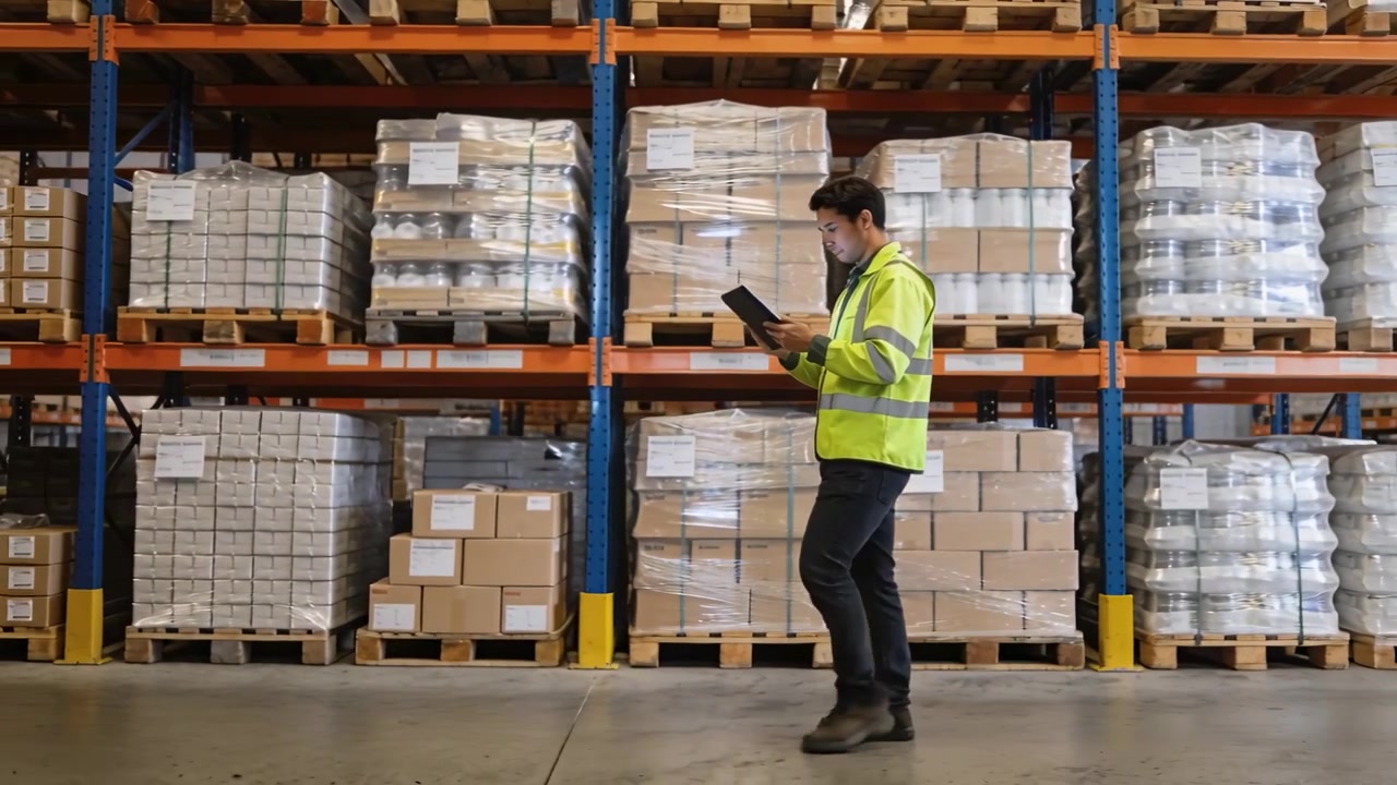 Lavoratore asiatico di magazzino che cammina, indossando una giacca ad alta visibilità, rispondendo a un avviso sul tablet e registrando i controlli dei pallet.