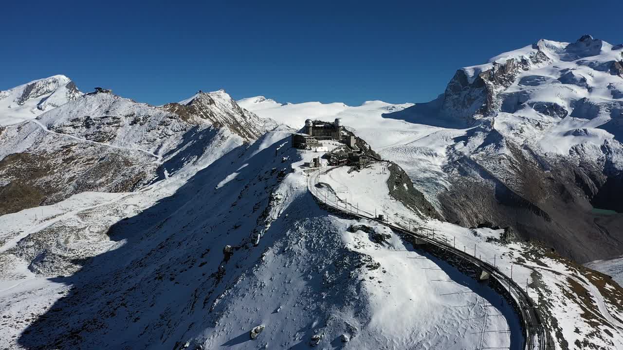 Mountain train station in Zermatt, Switzerland. Matterhorn. Aerial shot. Winter