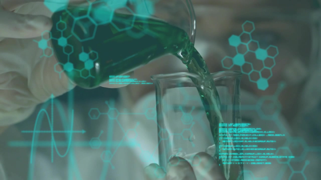 Flask tilting, hands pouring green liquid into beaker, stream thickening, HUD rising for analysis
