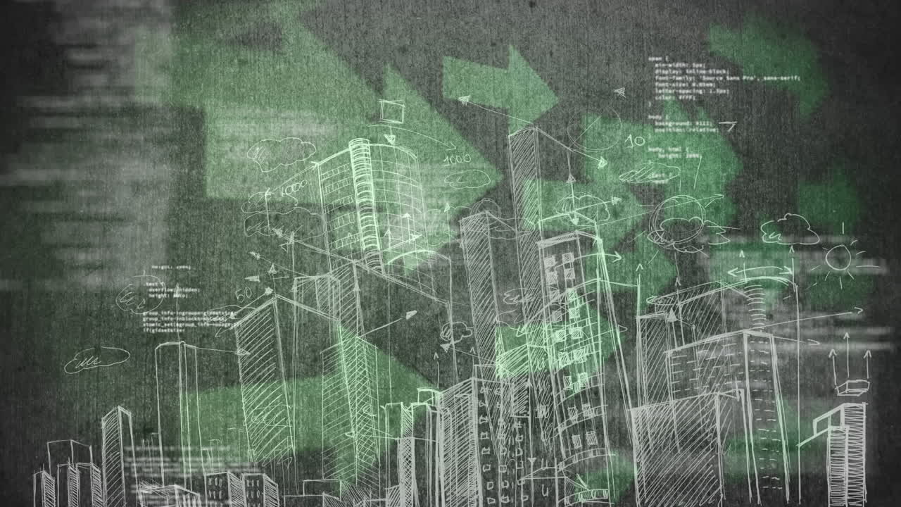 큰 초록색 화살표와 배경의 이진 코드에 대항하여 도시를 그리십시오.