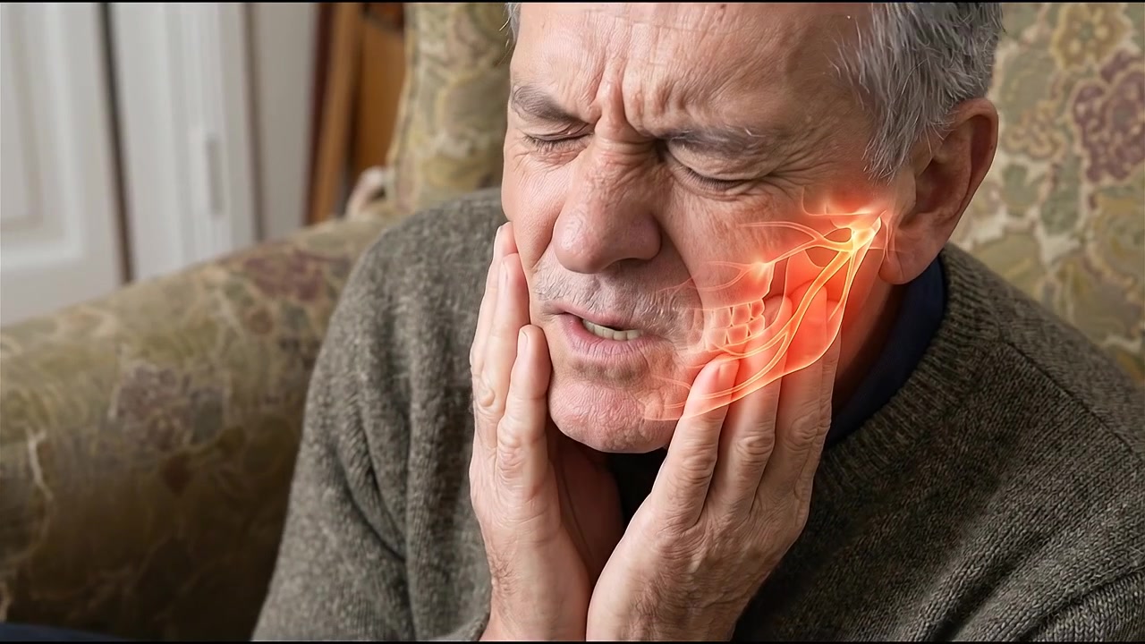 Uomo anziano con forte mal di denti e visualizzazione del dolore alla mascella