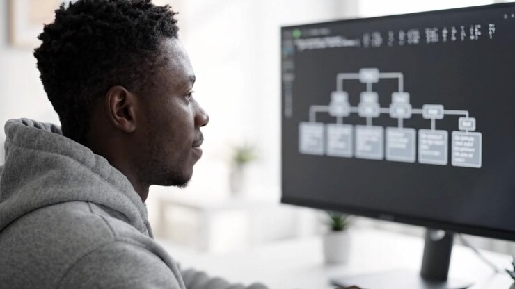 Focused on Coding and Visualization: A Young Man Analyzing Computer Data on Screen with Flowchart, Embracing Technology in a Modern Workspace Setting