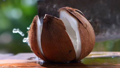 fresh coconut being cut with water splashing