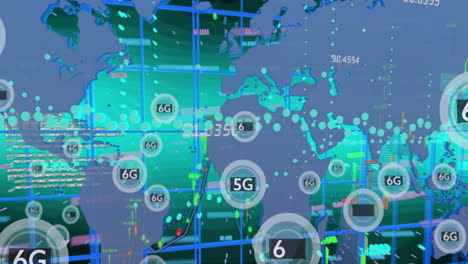 Animation-of-6g-and-5g-text-and-data-processing-over-world-map-on-green-background