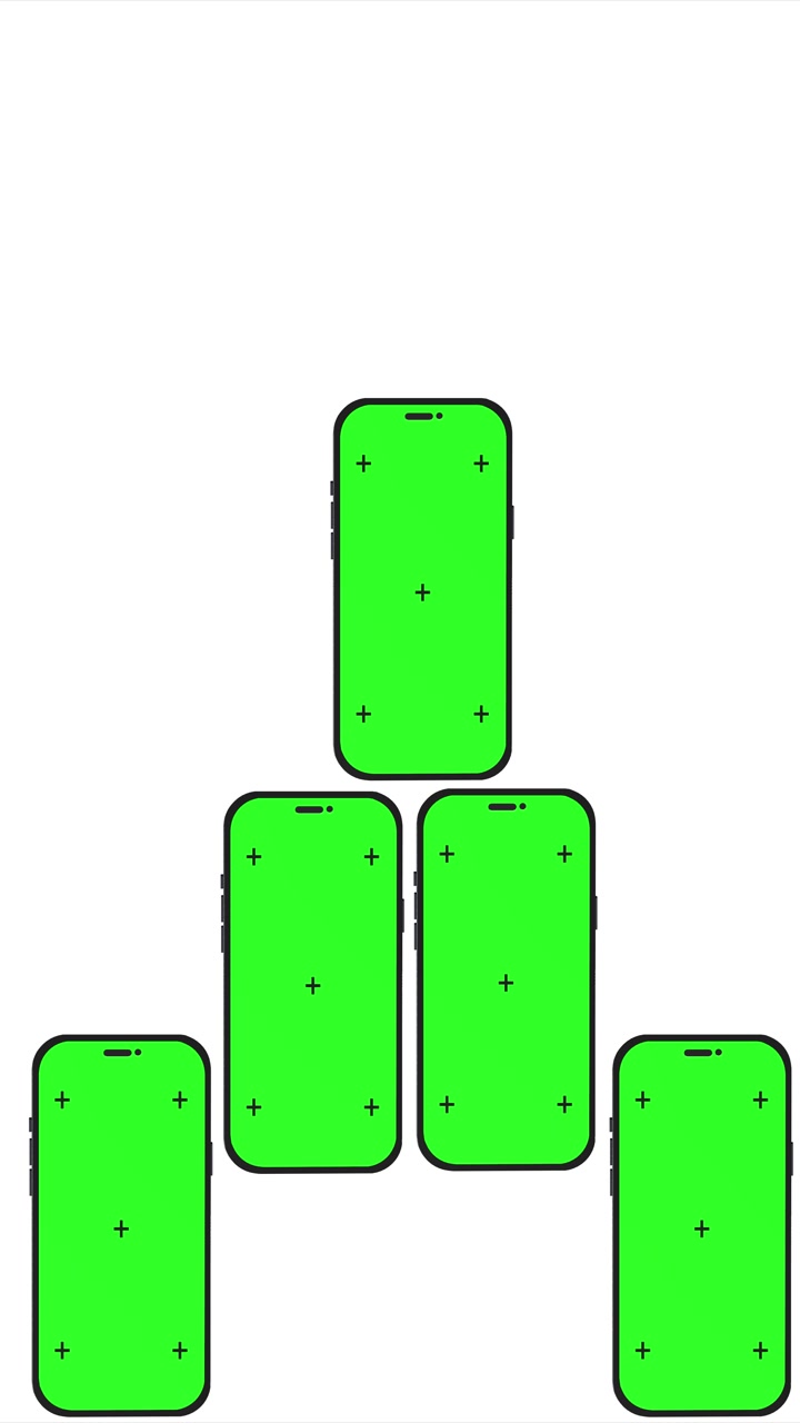 Multiple phone green screen mockup with stacked mobile displays chroma markers white background and
