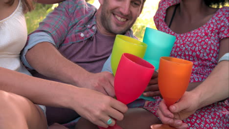 Four-friends-relax-together-drinking-in-the-countryside