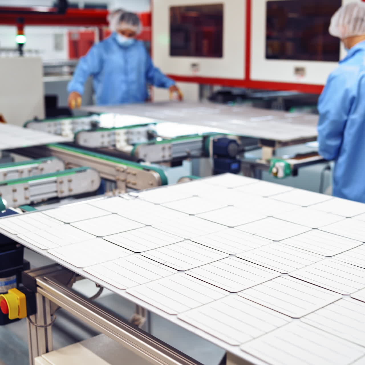 Interior of modern industrial factory. Automated conveyor inside the plant. Workers in special uniform and masks control manufacturing process indoors.