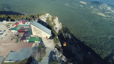 aerial view of a mountain cable car station and tourist area