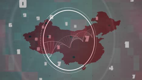 Animation-of-dna-strand-spinning-and-numbers-processing-over-map-of-china