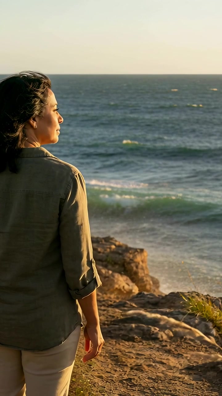 Video verticale: Donna con camicia color oliva che osserva le onde su una scogliera, la brezza le solleva i capelli