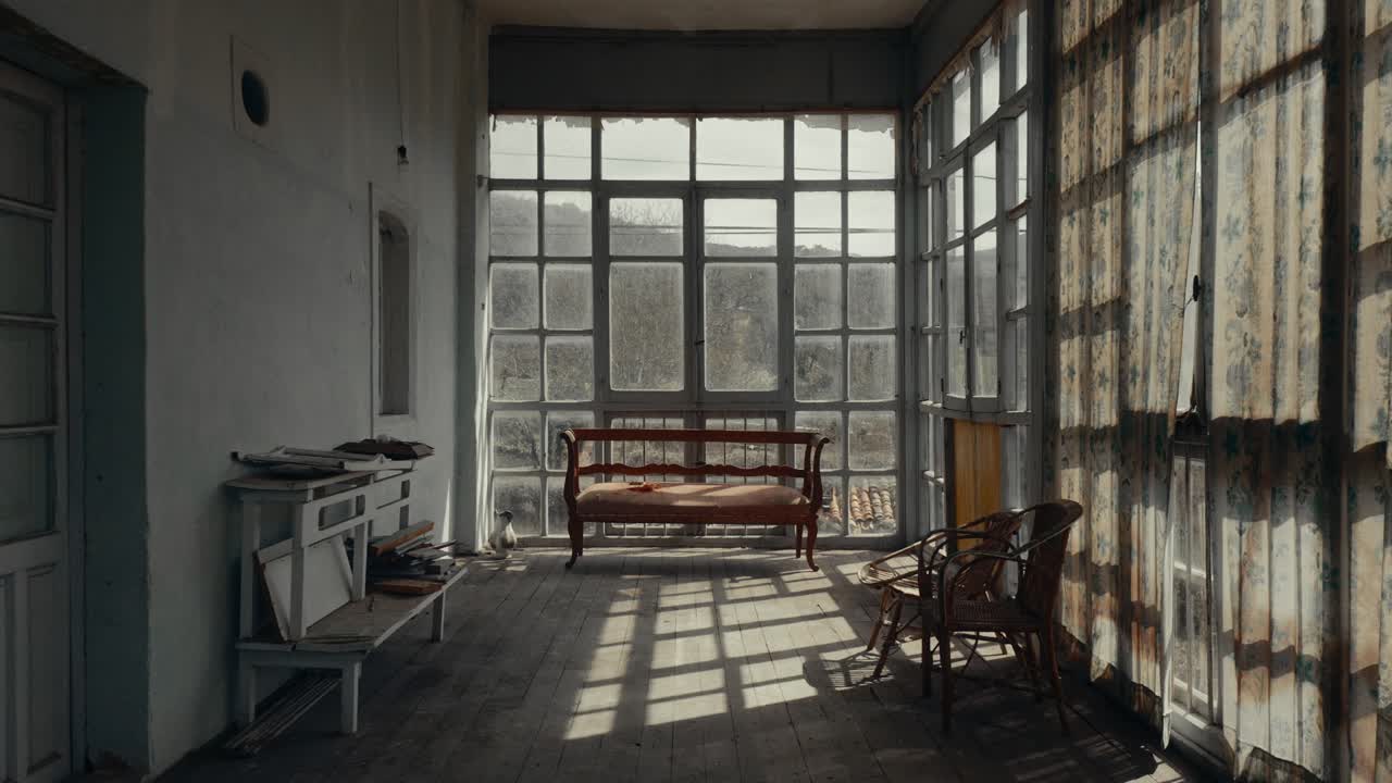 Sunlight Streaming into an Empty Old Room with Vintage Furniture
