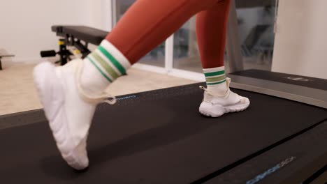 a woman exercises on a treadmill in a home gym setting. the scene is well-lit, focusing on her legs and feet