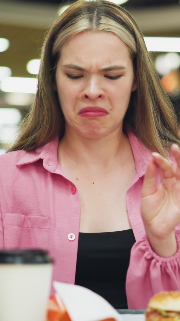 mujer sentada en un restaurante toma una patata frita, la muerde, luego le disgusta el sabor y la lanza hacia abajo, se limpia las manos con una servilleta, mirando contemplativa, con una vista borrosa de la gente a su alrededor