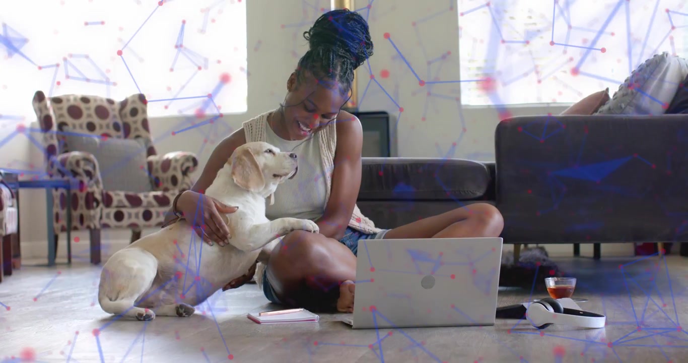 Dog coming, woman pausing laptop and petting dog for calm as hearts pulsing signaling remote work