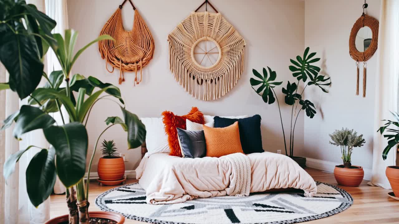 Bohemian Bedroom with Plants and Woven Wall Art