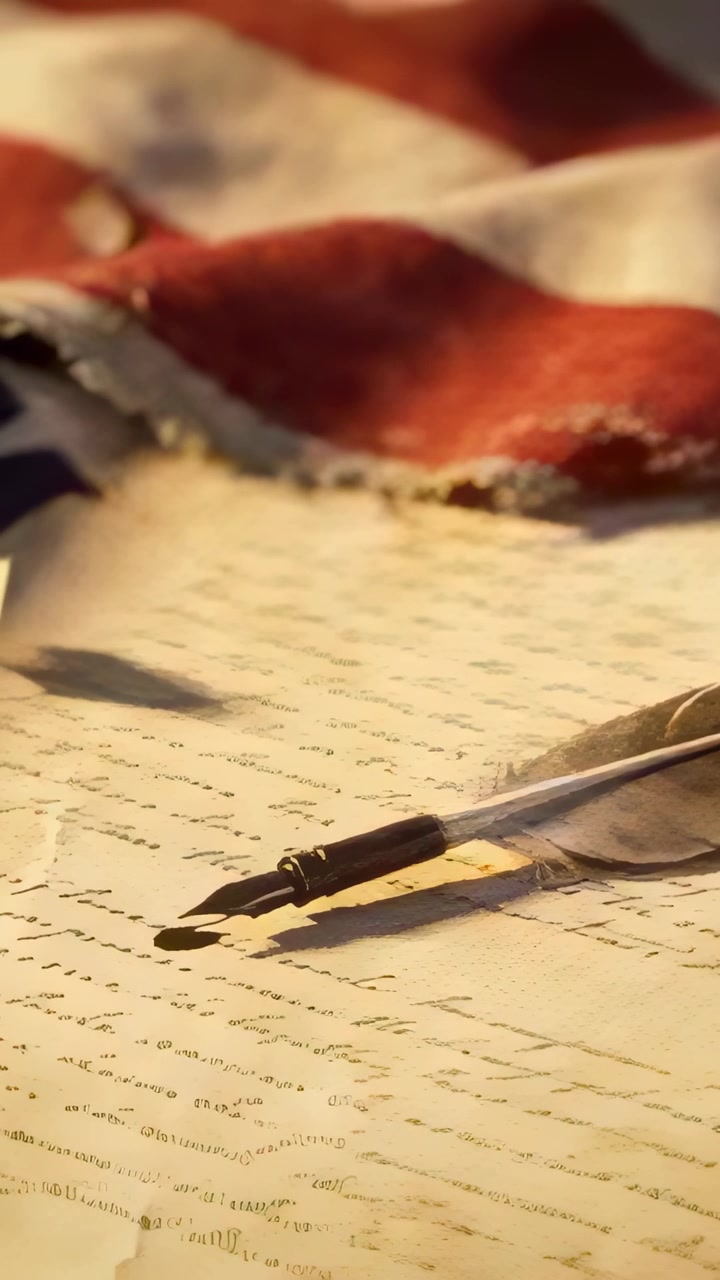 Vertical video: Tilting camera showing metal nib quill on doc at memorial desk, ink blot and flag