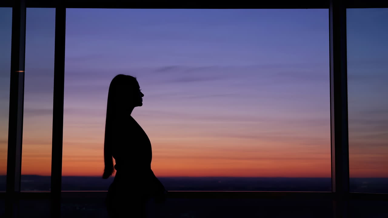 Silhouette of a woman looking out the window at sunset