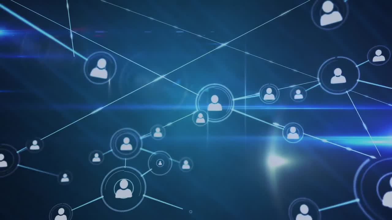 Animation of network of connections with icons on dark background