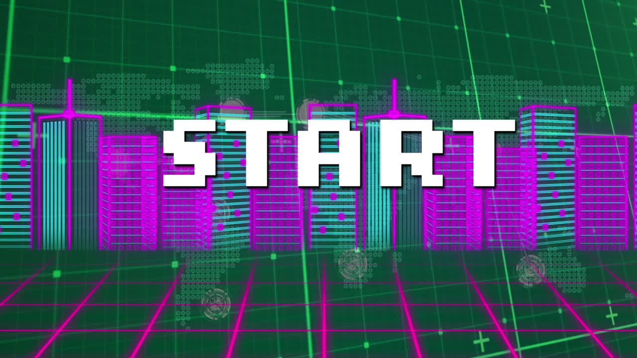 데이터 처리 및 디지털 도시 풍경에 대한 시작 텍스트의 애니메이션