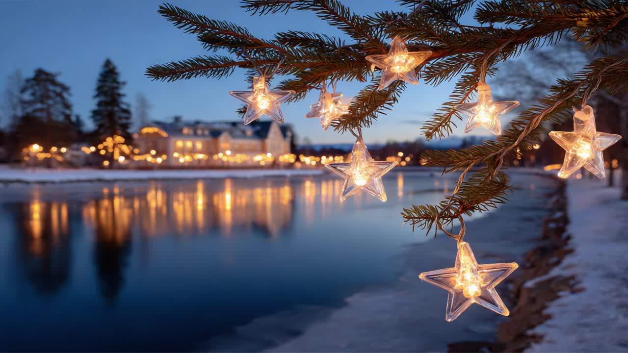 Glistening Starry Lights Reflecting on Winter Water: A Serene Evening by the River with Twinkling Ornaments on Evergreen Branches in a Cold, Peaceful Setting