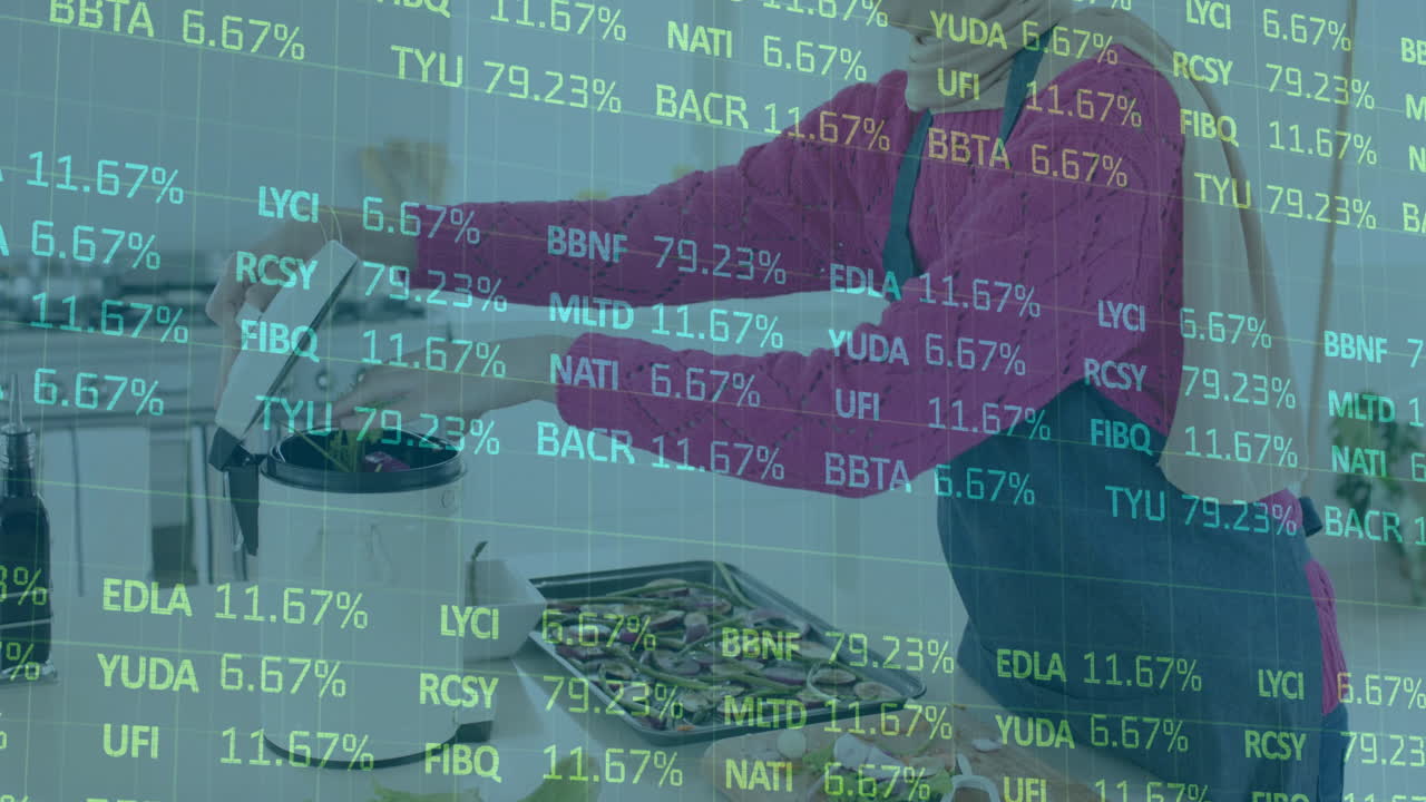 Stock market data animation over person cooking in kitchen