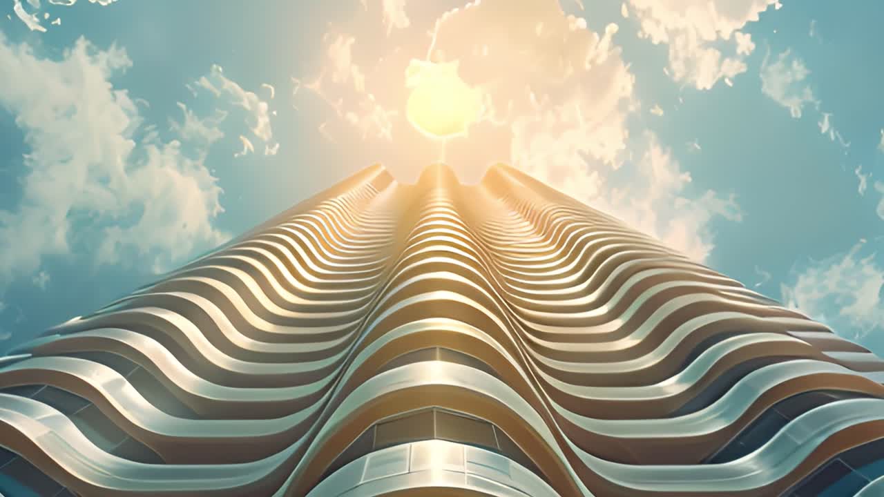 Modern Skyscraper with Wavy Facade Under a Bright Sky