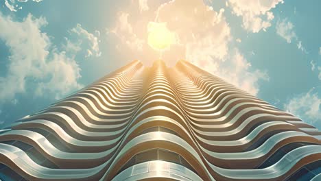 modern skyscraper with wavy facade under a bright sky
