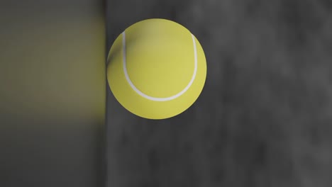 vertical pan towards tennis ball animated render on black smoky background