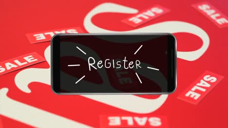 animación del registro de palabras parpadeando en la pantalla de un teléfono inteligente sobre un fondo rojo con signos de venta