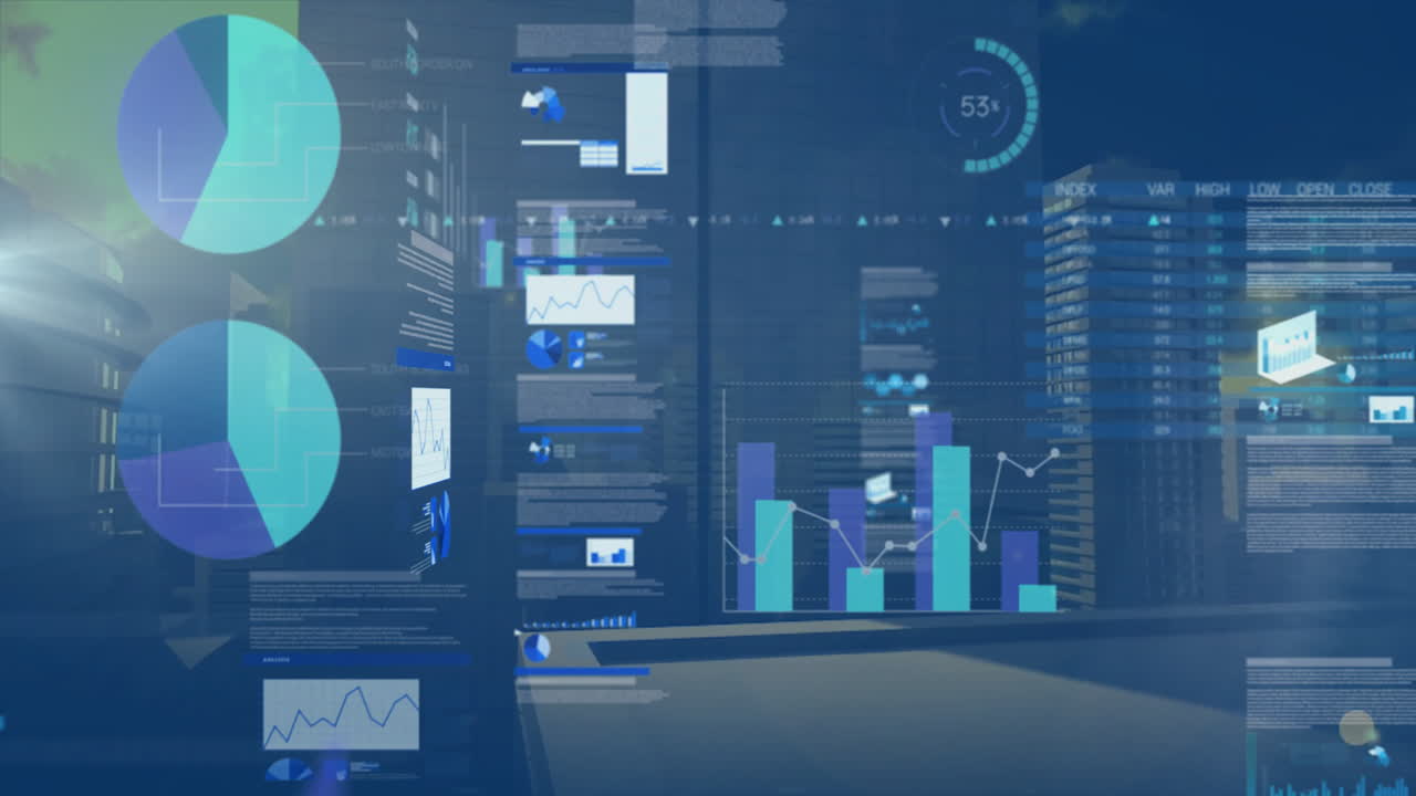 Animation of digital graphs and charts showing financial data in futuristic setting
