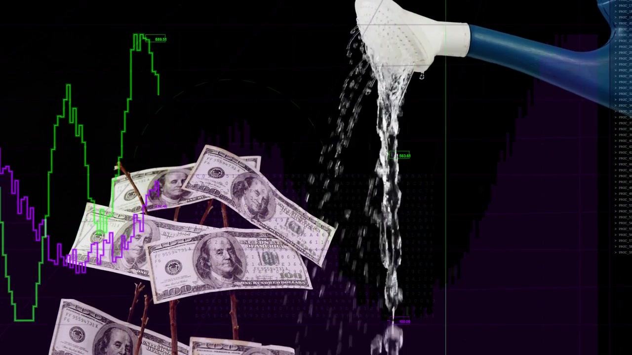 Watering can entering top-right pouring, money tree bills shifting, charts growing, showing gains