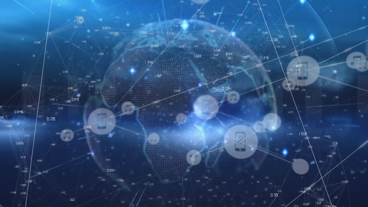 추상적인 배경에 대해 회전하는 지구상에서 선으로 연결된 아이콘의 애니메이션